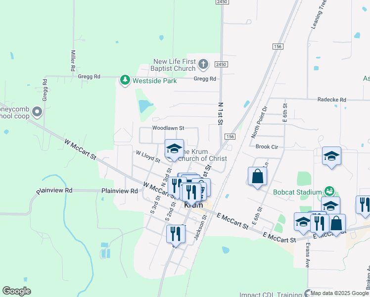 map of restaurants, bars, coffee shops, grocery stores, and more near 311 Edgewood Drive in Krum