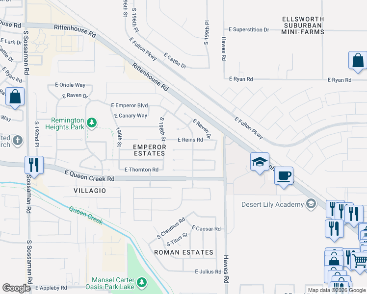 map of restaurants, bars, coffee shops, grocery stores, and more near 19862 East Carriage Way in Queen Creek