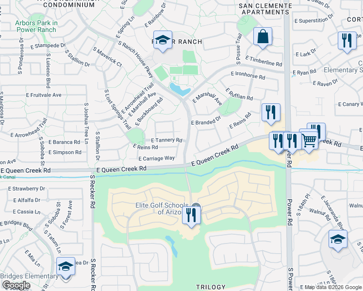 map of restaurants, bars, coffee shops, grocery stores, and more near 4353 East Reins Road in Gilbert