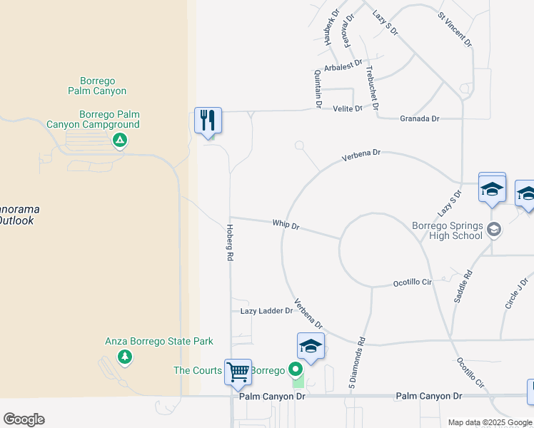 map of restaurants, bars, coffee shops, grocery stores, and more near Verbena Drive in Borrego Springs