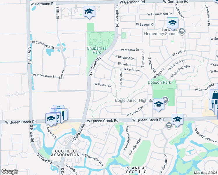 map of restaurants, bars, coffee shops, grocery stores, and more near 1894 West Mockingbird Drive in Chandler