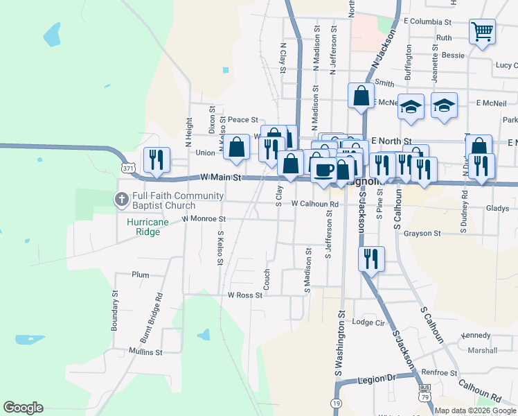 map of restaurants, bars, coffee shops, grocery stores, and more near 525 West Calhoun Road in Magnolia