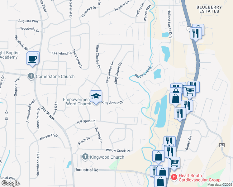 map of restaurants, bars, coffee shops, grocery stores, and more near 117 King James Court in Alabaster