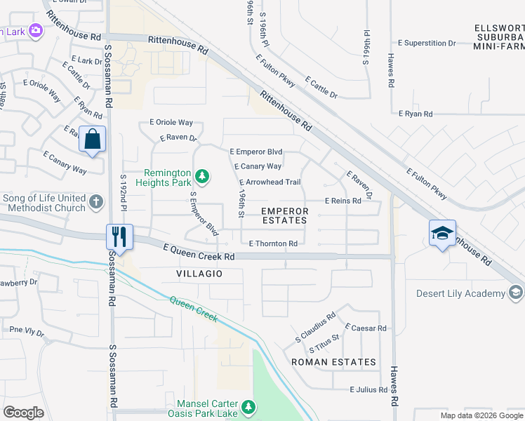 map of restaurants, bars, coffee shops, grocery stores, and more near 19668 East Carriage Way in Queen Creek