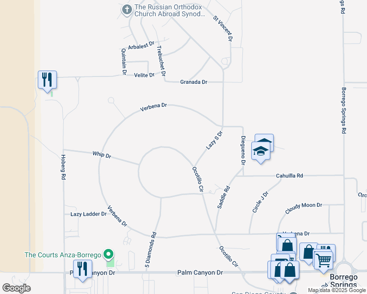 map of restaurants, bars, coffee shops, grocery stores, and more near 373 Ocotillo Circle in Borrego Springs