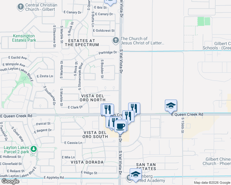 map of restaurants, bars, coffee shops, grocery stores, and more near 1579 Bautista Road in Gilbert
