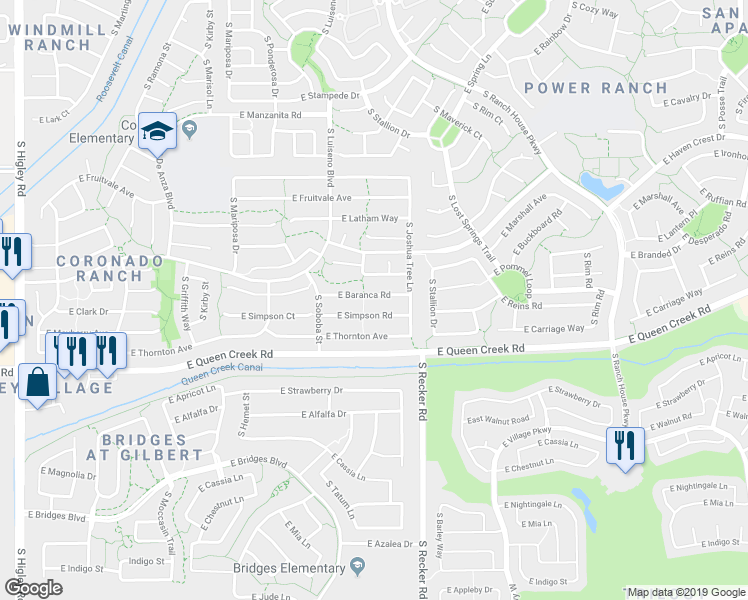 map of restaurants, bars, coffee shops, grocery stores, and more near 3940 East Simpson Road in Gilbert