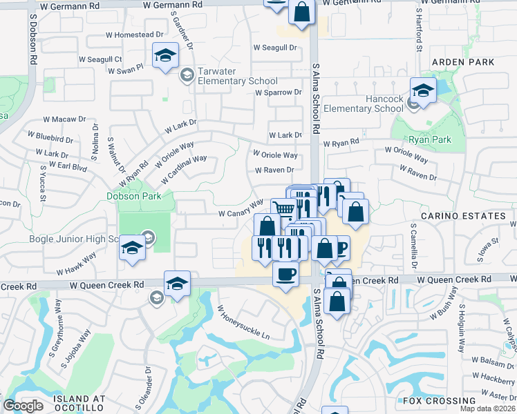map of restaurants, bars, coffee shops, grocery stores, and more near 1241 West Canary Way in Chandler