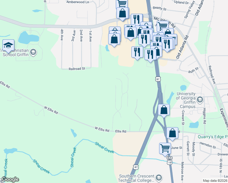 map of restaurants, bars, coffee shops, grocery stores, and more near 101 Tuscany Lane in Griffin
