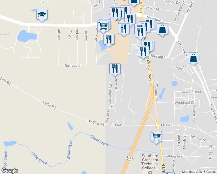 map of restaurants, bars, coffee shops, grocery stores, and more near 135 Waterford Way in Griffin