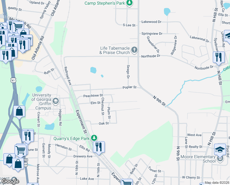 map of restaurants, bars, coffee shops, grocery stores, and more near 152 Peachtree Street in Griffin