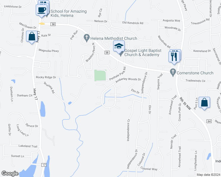 map of restaurants, bars, coffee shops, grocery stores, and more near 1155 Amberley Woods Drive in Helena