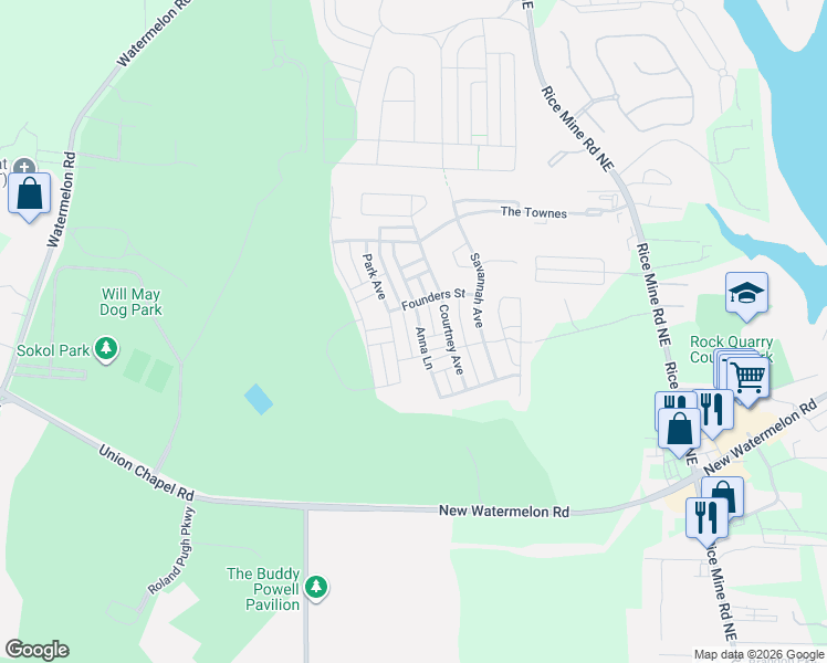 map of restaurants, bars, coffee shops, grocery stores, and more near Founders St in Tuscaloosa