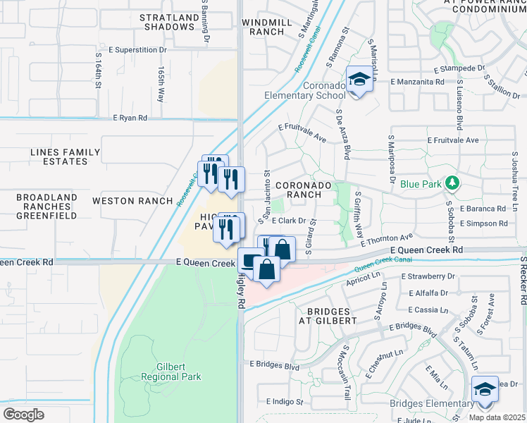 map of restaurants, bars, coffee shops, grocery stores, and more near 4668 South San Jacinto Street in Gilbert
