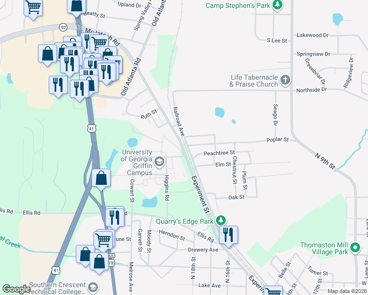 map of restaurants, bars, coffee shops, grocery stores, and more near 1320 Experiment Street in Griffin