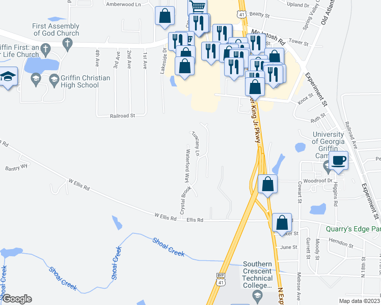 map of restaurants, bars, coffee shops, grocery stores, and more near 134 Waterford Way in Griffin