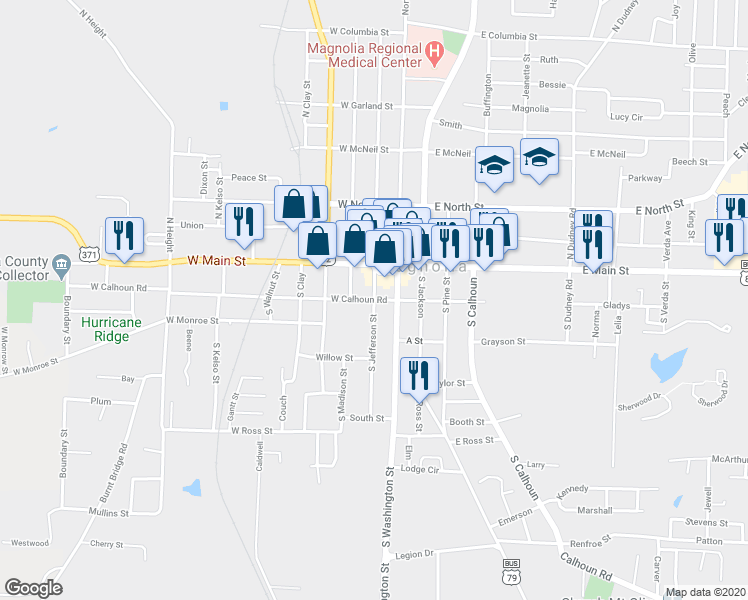 map of restaurants, bars, coffee shops, grocery stores, and more near South Jefferson Street & West Calhoun Road in Magnolia