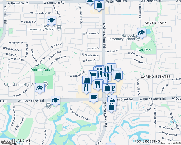 map of restaurants, bars, coffee shops, grocery stores, and more near 1151 West Canary Way in Chandler