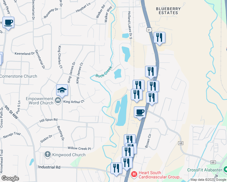 map of restaurants, bars, coffee shops, grocery stores, and more near 238 Creekside Lane in Pelham