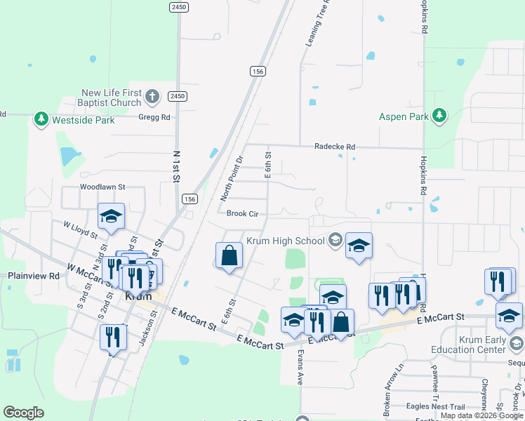 map of restaurants, bars, coffee shops, grocery stores, and more near 201 Brook Circle in Krum