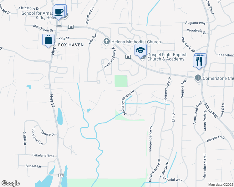 map of restaurants, bars, coffee shops, grocery stores, and more near 1453 Amberley Woods Cove in Helena