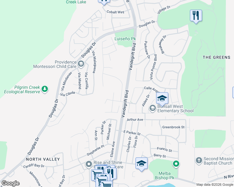 map of restaurants, bars, coffee shops, grocery stores, and more near 909 Glendora Drive in Oceanside