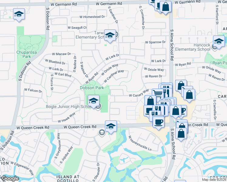 map of restaurants, bars, coffee shops, grocery stores, and more near 1463 West Goldfinch Way in Chandler