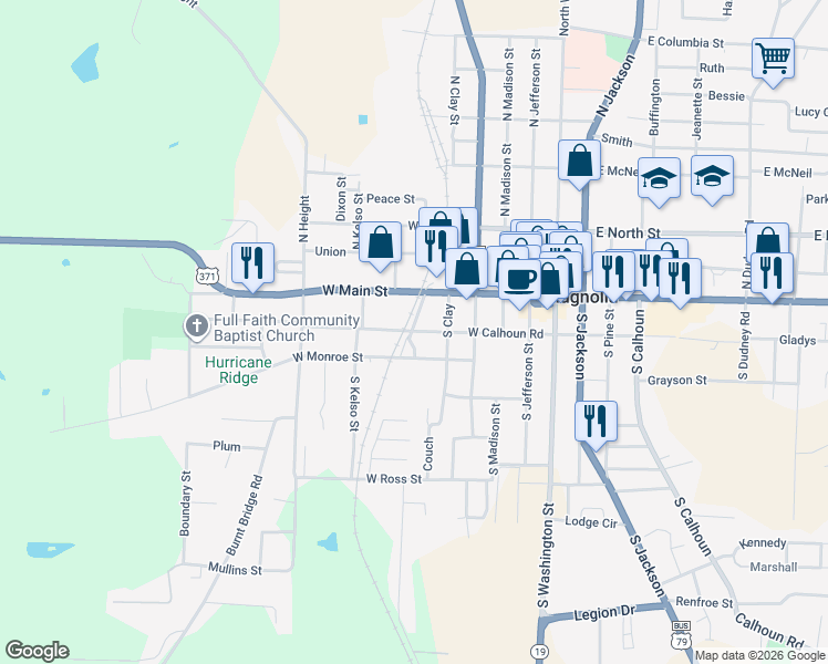 map of restaurants, bars, coffee shops, grocery stores, and more near 525 West Calhoun Road in Magnolia