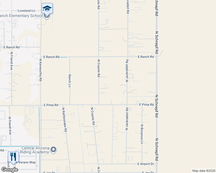 map of restaurants, bars, coffee shops, grocery stores, and more near 42583 North Coyote Road in San Tan Valley