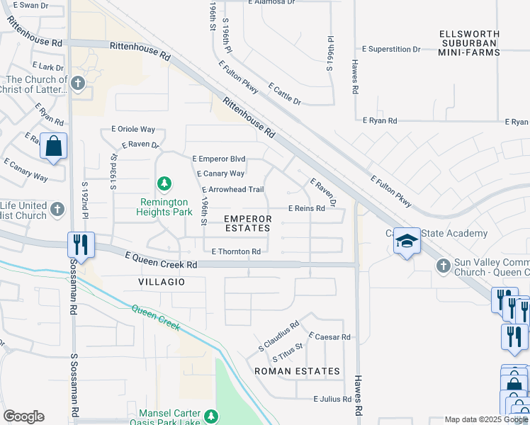 map of restaurants, bars, coffee shops, grocery stores, and more near 19789 East Reins Road in Queen Creek