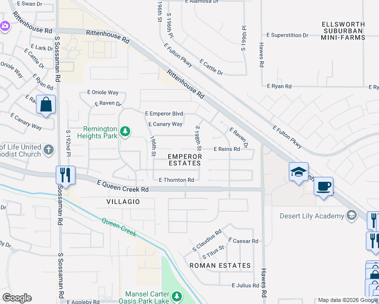 map of restaurants, bars, coffee shops, grocery stores, and more near 19742 East Carriage Way in Queen Creek
