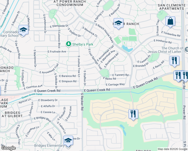 map of restaurants, bars, coffee shops, grocery stores, and more near 4054 East Reins Road in Gilbert