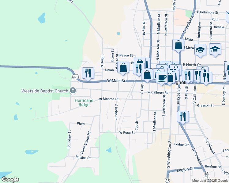 map of restaurants, bars, coffee shops, grocery stores, and more near 718 West Monroe Street in Magnolia
