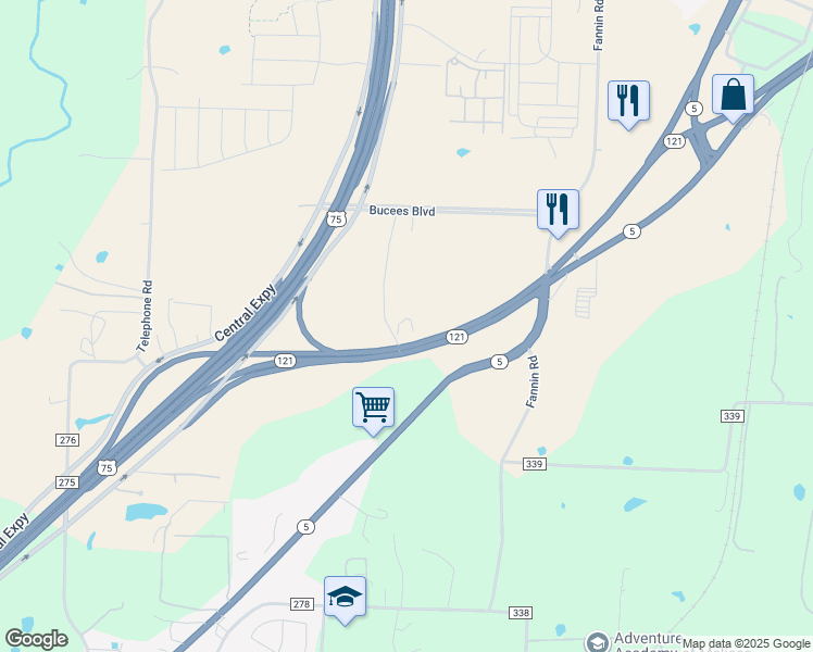 map of restaurants, bars, coffee shops, grocery stores, and more near 901 State Highway 121 in Melissa