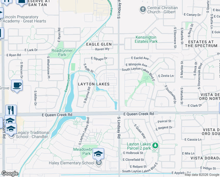 map of restaurants, bars, coffee shops, grocery stores, and more near 740 East Harper Street in Gilbert