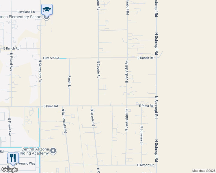 map of restaurants, bars, coffee shops, grocery stores, and more near 42583 North Coyote Road in San Tan Valley