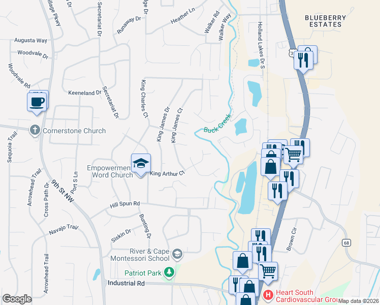 map of restaurants, bars, coffee shops, grocery stores, and more near 108 King James Court in Alabaster