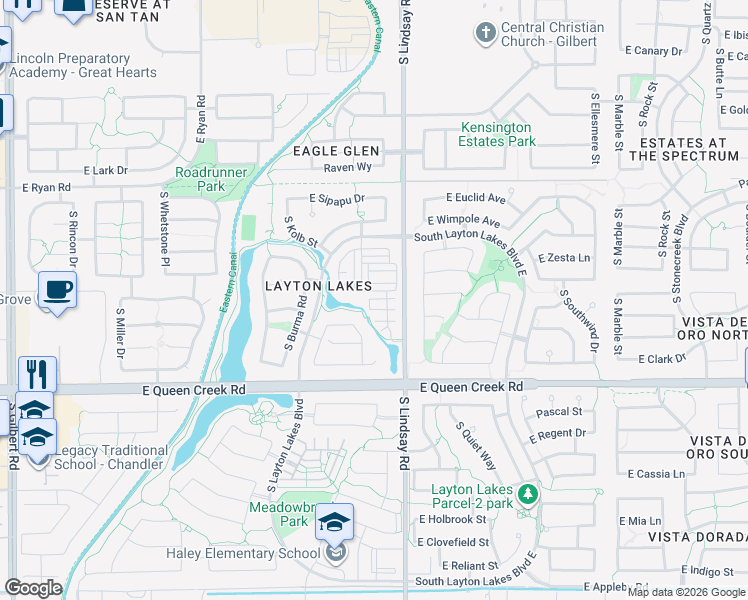 map of restaurants, bars, coffee shops, grocery stores, and more near 740 East Harper Street in Gilbert
