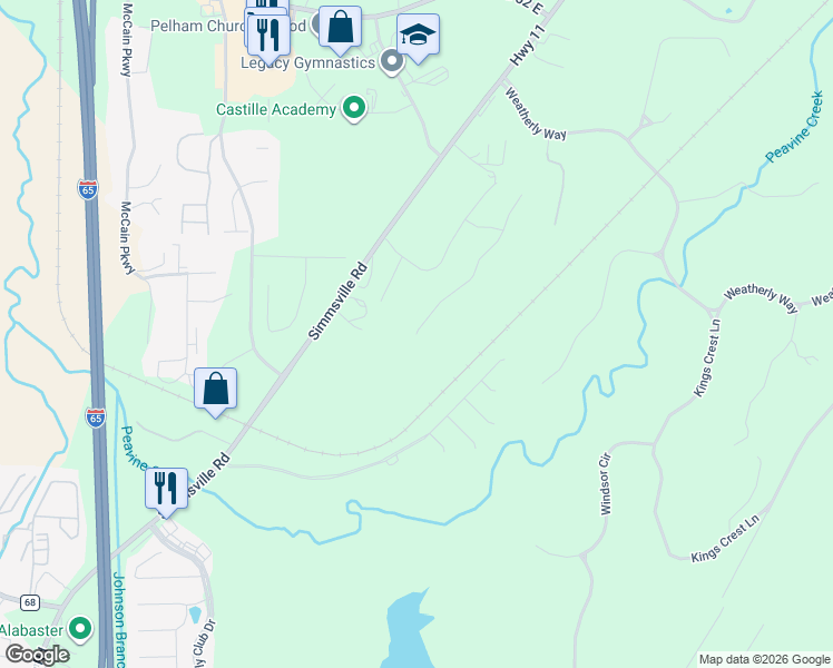 map of restaurants, bars, coffee shops, grocery stores, and more near 2570 County Road 11 in Pelham