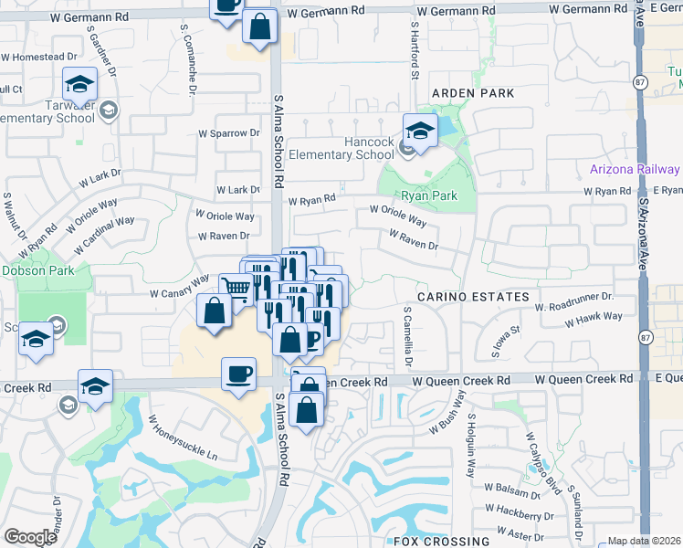 map of restaurants, bars, coffee shops, grocery stores, and more near 2721 South McClelland Place in Chandler