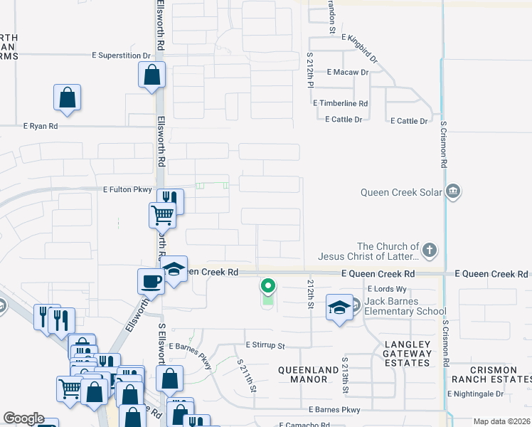 map of restaurants, bars, coffee shops, grocery stores, and more near 21107 East Reins Road in Queen Creek