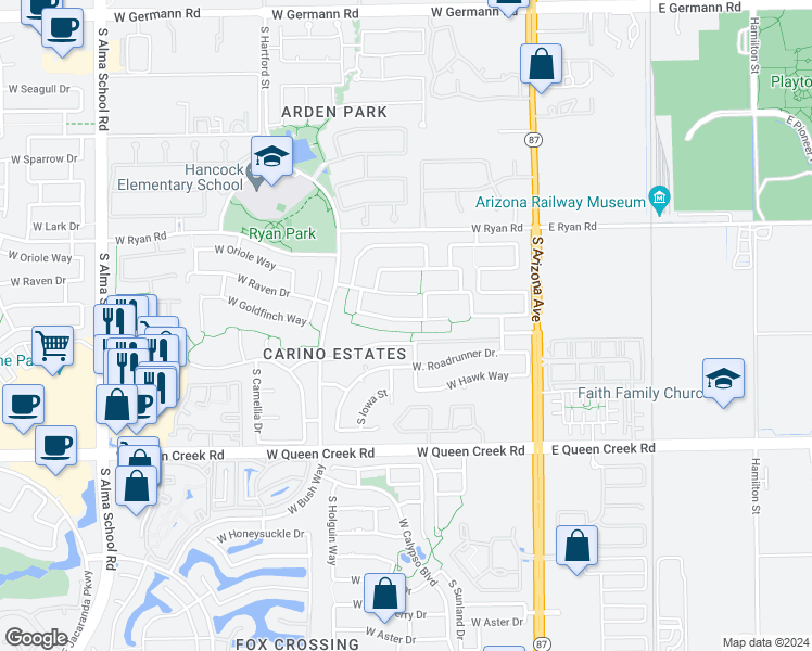 map of restaurants, bars, coffee shops, grocery stores, and more near 2751 South Nebraska Street in Chandler