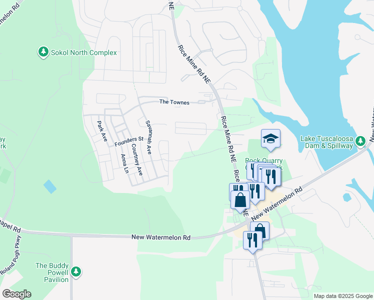 map of restaurants, bars, coffee shops, grocery stores, and more near 1220 Forest Oaks Lane in Tuscaloosa