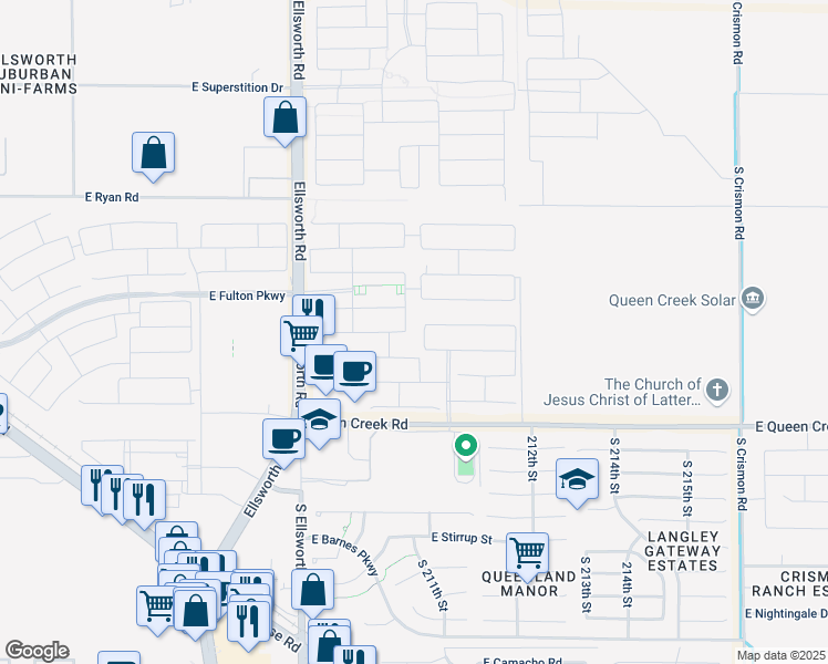 map of restaurants, bars, coffee shops, grocery stores, and more near 21000 East Carriage Way in Queen Creek