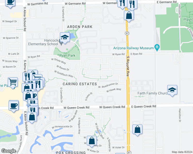 map of restaurants, bars, coffee shops, grocery stores, and more near 2751 South Nebraska Street in Chandler