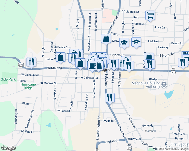 map of restaurants, bars, coffee shops, grocery stores, and more near 200-314 South Jefferson Street in Magnolia