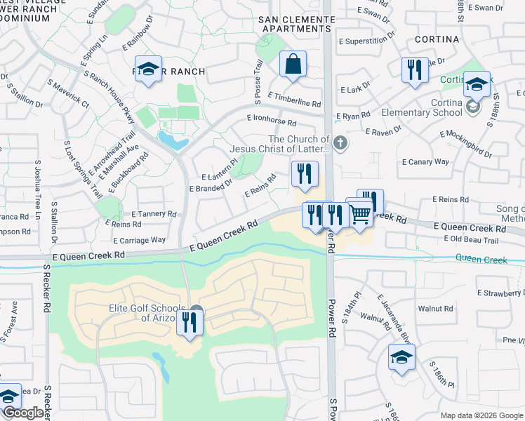 map of restaurants, bars, coffee shops, grocery stores, and more near 4655 East Queen Creek Road in Gilbert
