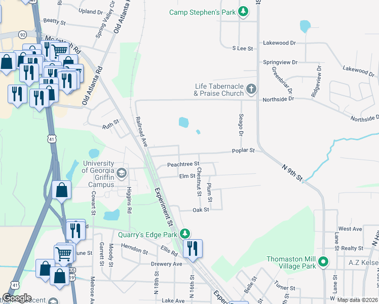 map of restaurants, bars, coffee shops, grocery stores, and more near 125 Peachtree Street in Griffin