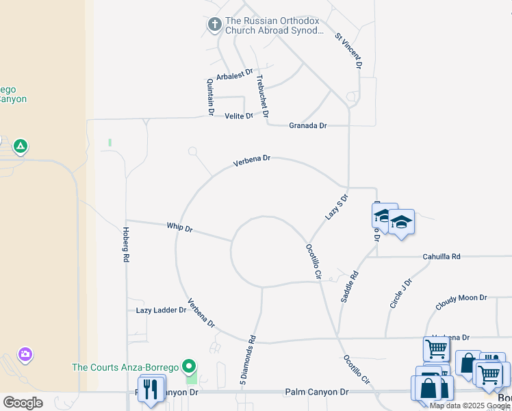 map of restaurants, bars, coffee shops, grocery stores, and more near 341 Ocotillo Circle in Borrego Springs