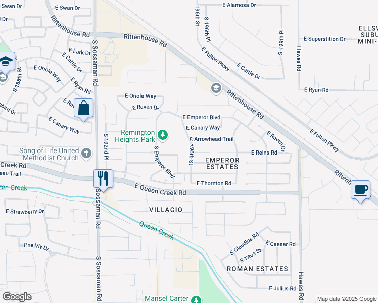 map of restaurants, bars, coffee shops, grocery stores, and more near 20050 South 196th Street in Queen Creek